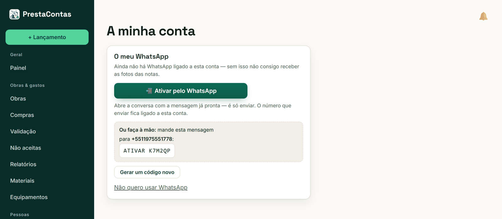 O ecrã de Conta enquanto o WhatsApp ainda não está ligado.