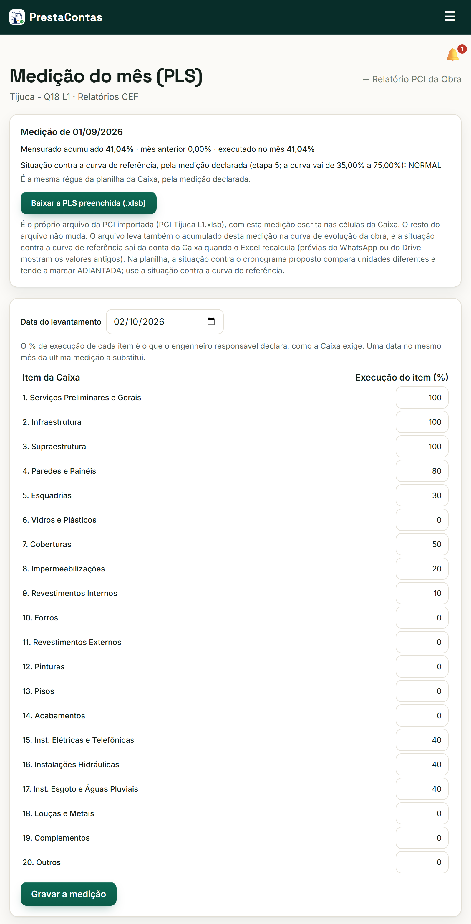A Medição do mês (PLS): a medição gravada, o mensurado acumulado, o executado no mês e o botão para baixar a PLS preenchida.