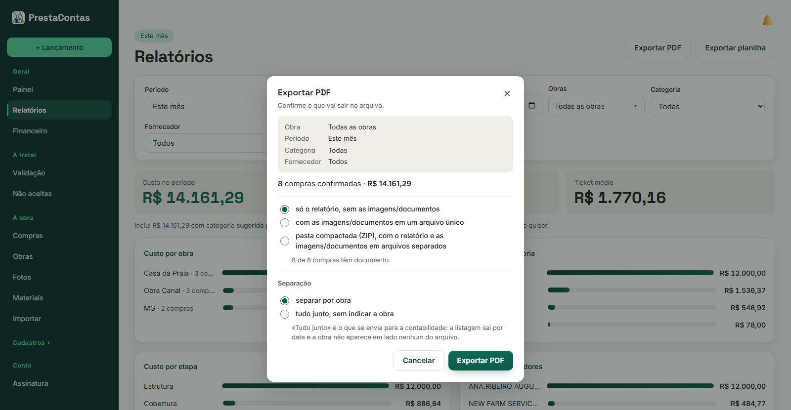 A confirmação da exportação: o recorte em cima, as três formas no meio, a separação em baixo.