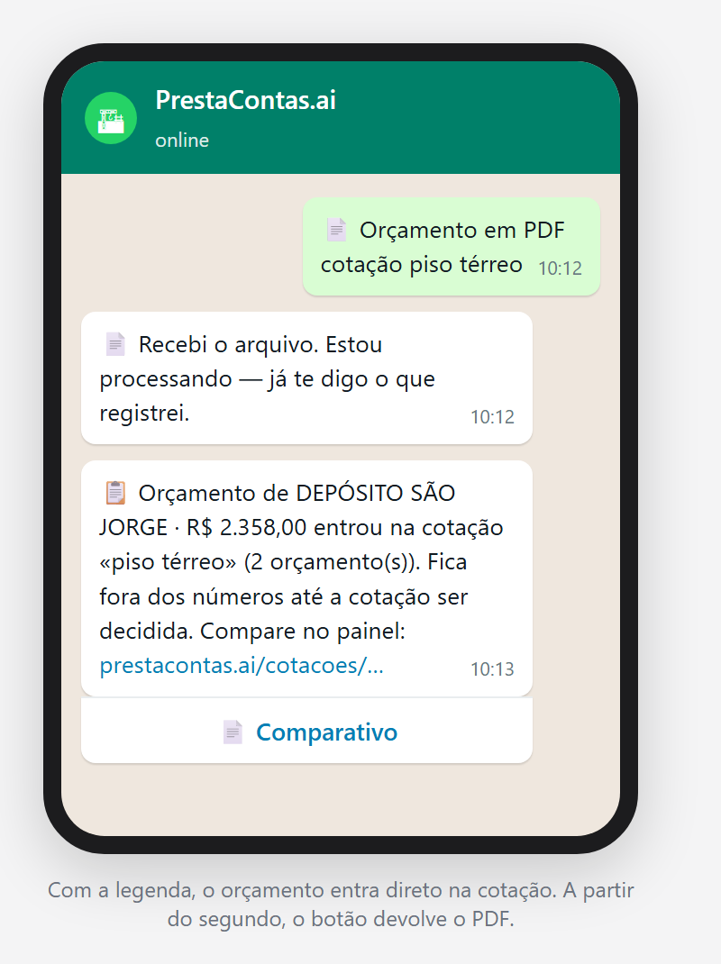 A conversa: o PDF do orçamento com a legenda «cotação piso térreo» e a resposta — entrou na cotação, com o botão «Comparativo».