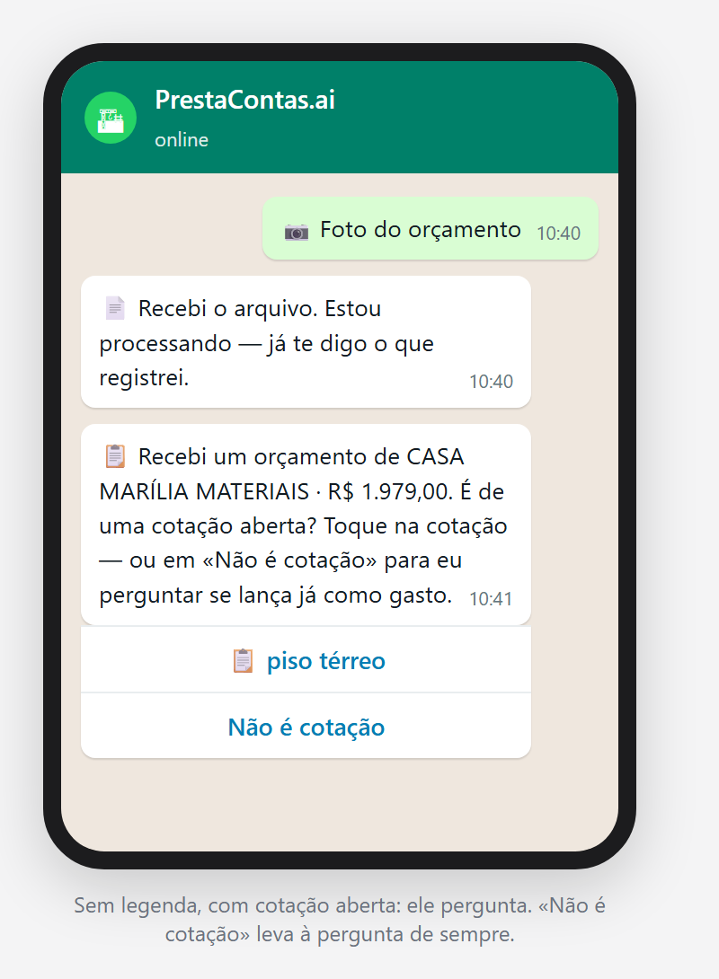 A conversa sem legenda: a pergunta «É de uma cotação aberta?», com o botão da cotação e «Não é cotação».