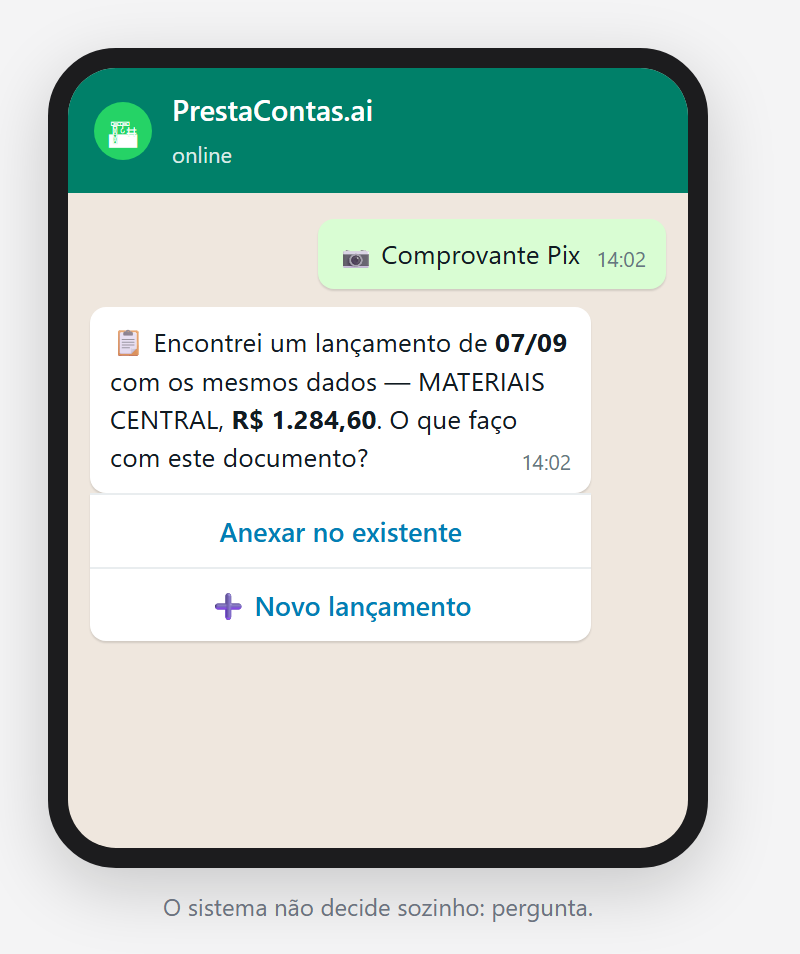 A pergunta: o lançamento que já existe, com «Anexar ao existente» ou «Novo lançamento».