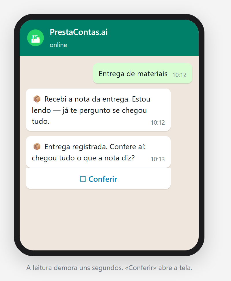 As respostas «Recebi a nota da entrega» e «Entrega registrada. Confere aí» com o botão Conferir