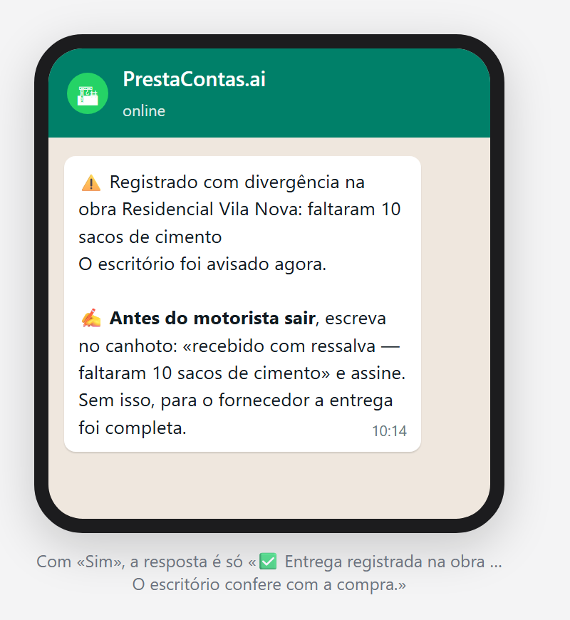 A resposta com a divergência registrada e a instrução de escrever a ressalva no canhoto