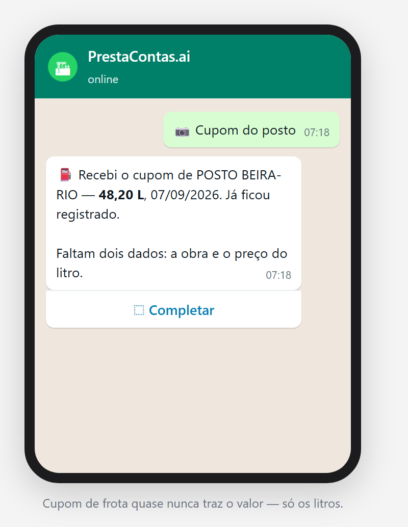 A conversa: o talão entrou com os litros e falta o preço.