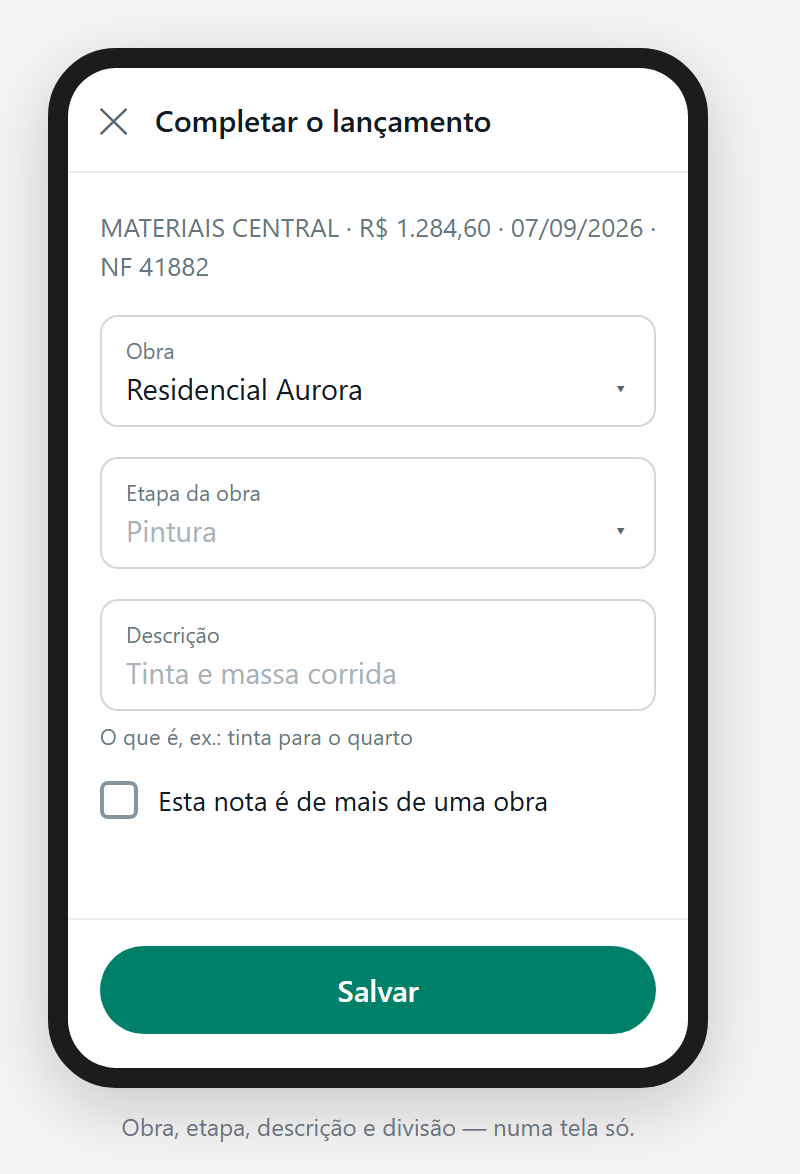 O ecrã que o botão abre: obra, etapa da obra, descrição e a caixa de repartir.