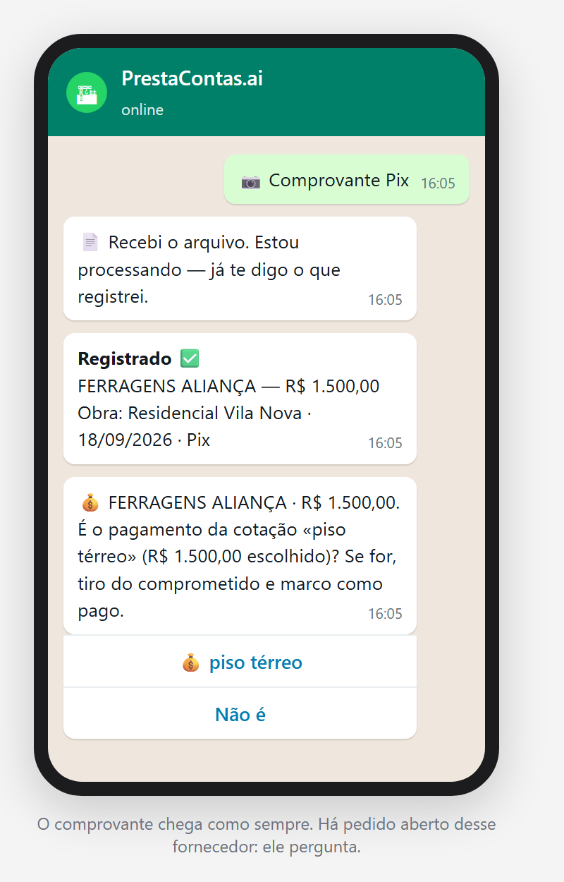 A conversa: o comprovante, o «Registrado» e a pergunta «É o pagamento da cotação «piso térreo»?», com o botão da cotação e «Não é».
