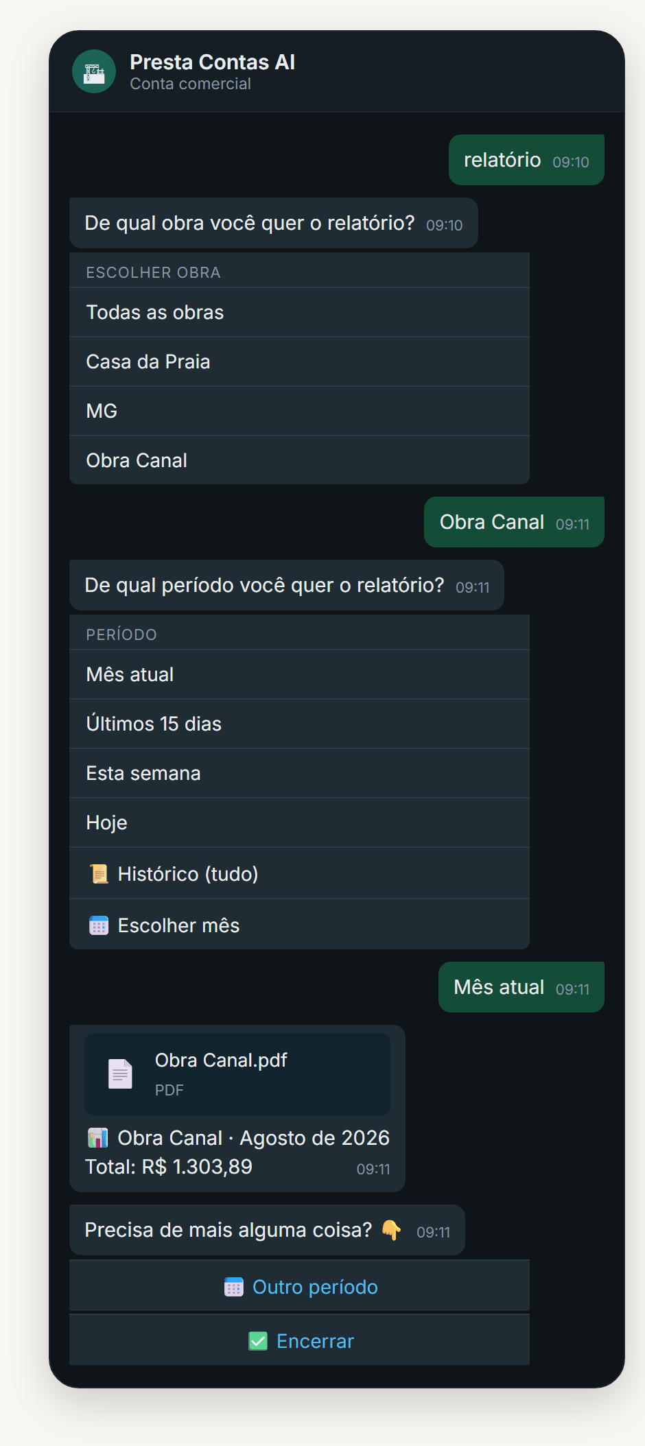 Obra, período, PDF. E o botão «Encerrar» para a conversa não ficar pendurada.